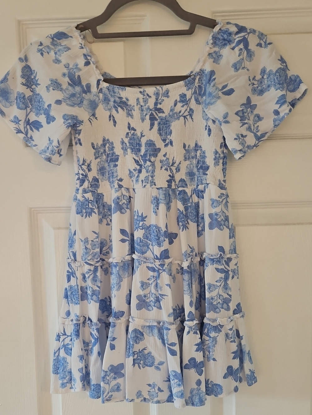 art class Blue Floral Smocked Tiered Dress with Puff Sleeves